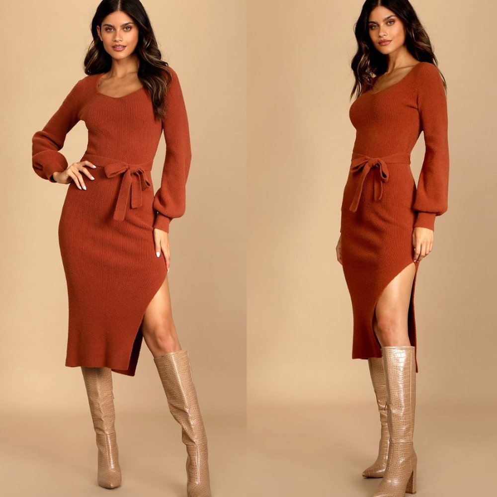 Lulu's Windy Days Rust Brown Knit Sweater Dress